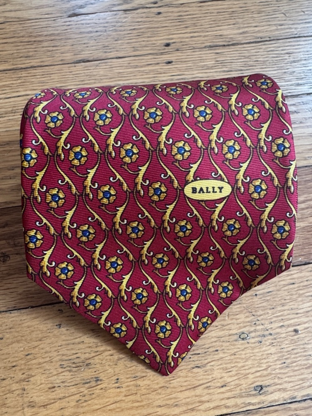 Bally Burgundy Silk Tie with Gold and Blue Floral Motif